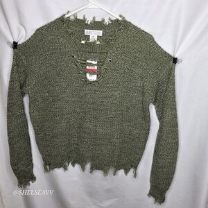 PLANET GOLD JUNIORS OLIVE LACE UP SWEATER SIZE XS